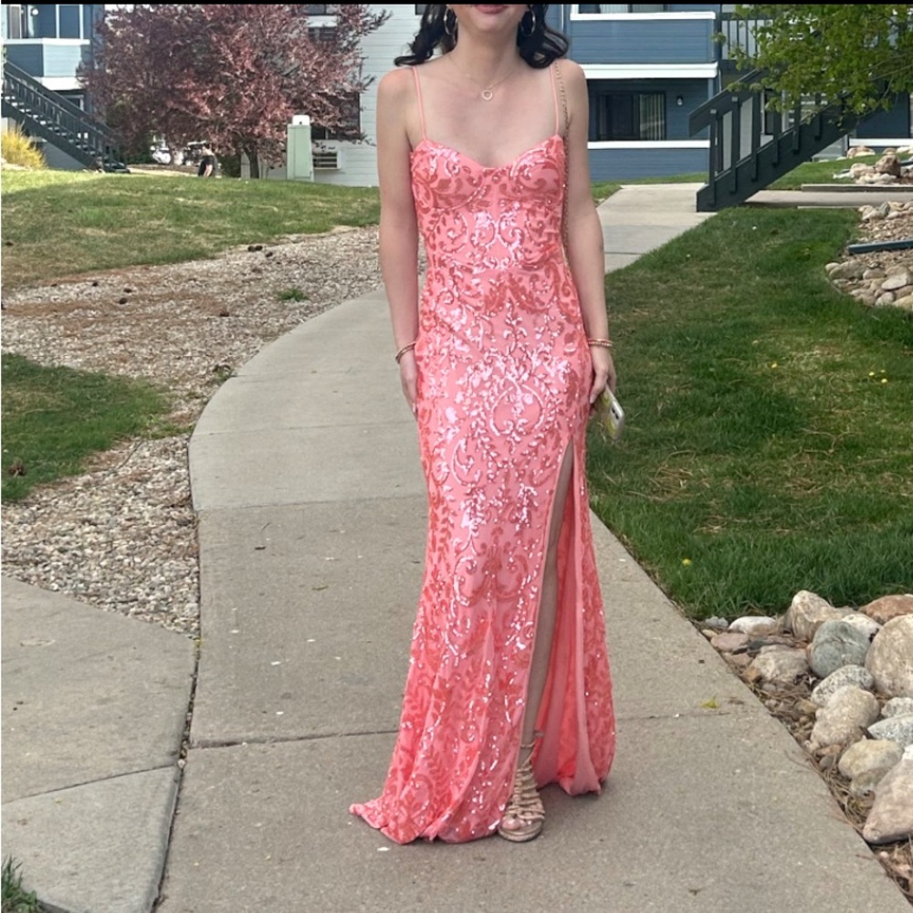 Windsor Coral Pink Sequin Prom Dress